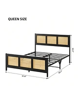 gaomon Twin/Full/Queen/King Size Bed Frame With Rattan Headboard And Footboard Rattan Platform Bed Frame, Mattress Foundation