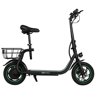 GoPowerBike GoFlow Electric Scooter with Seat | Comfortable Seat, Rear Basket, and Throttle Control | 16 mph Top Speed