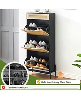 gaomon Rattan Shoe Cabinet with 3 Flip Door 1 Drawer Wooden Free Standing Shoe Racks, Shoe Storage Organizer Shoe Rack for Entryway