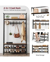 gaomon Industrial Rustic 4-in-1 Hall Tree Bench with Shoe Rack, Storage Shelf, and 5 C-Shaped Hooks in Brown & Black