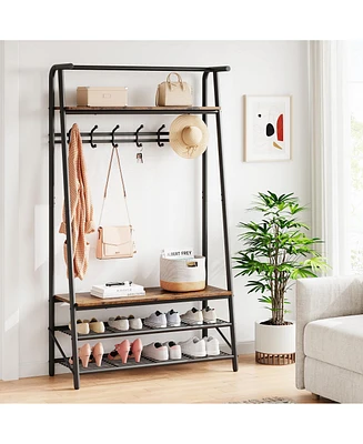 gaomon Industrial Rustic 4-in-1 Hall Tree Bench with Shoe Rack, Storage Shelf, and 5 C-Shaped Hooks in Brown & Black