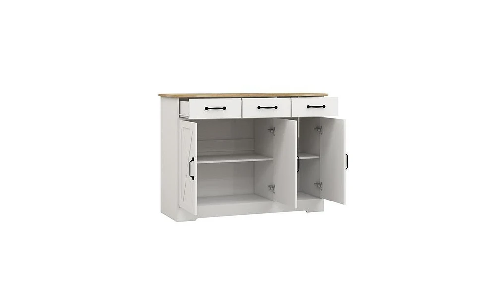 Slickblue Farmhouse White Buffet Cabinet Storage Sideboard with 3 Drawers and 3 Doors, Perfect for Dining Room, Living Room, or Kitchen Cupboard