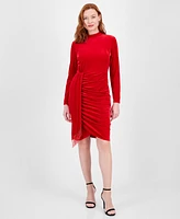 Tahari Asl Women's Beaded Stretch-Velvet Mock-Neck Dress