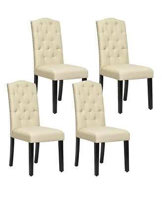 Gymax Set of 4 Beige Tufted Dining Chair Upholstered w/ Nailhead Trim & Rubber Wooden Legs