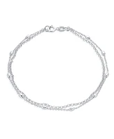 Bling Jewelry Simple Minimalist Alternating Chain Oval Polished .925 Sterling Silver Small Oval Beads Layer Double Chain Anklet Station Ankle Bracelet