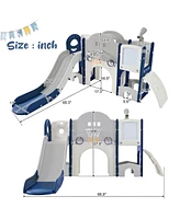 Slickblue 9-in-1 Kids Slide Playset Spaceship Structure with Slide, Arch Tunnel, Ring Toss, Whiteboard, and Basketball Hoop for Toddlers