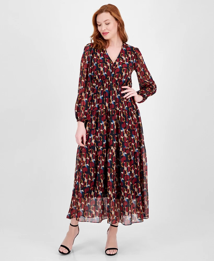 Robbie Bee Women's Printed V-Neck Long-Sleeve Dress