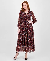 Robbie Bee Women's Printed V-Neck Long-Sleeve Dress