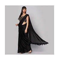 One Minute Saree Petite Zaara Black Satin with Feather Trim Ready To Wear Sari