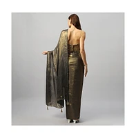 One Minute Saree Petite Meera Dark Grey & Gold Shimmer Georgette Ready to Wear Sari