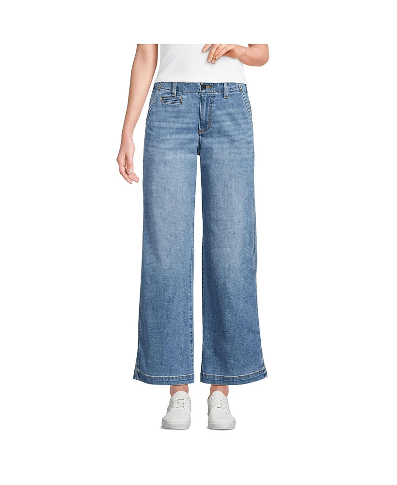 Lands' End Petite Mid Rise Denim Wide Leg Ankle Jeans