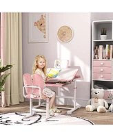 Qaba Adjustable Kids Desk and Chair Set with Tilt Desktop, Storage, Pink