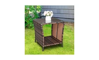 Slickblue Brown Gradient Iron Frame Rattan Side Table with Glass Surface - Elegant Design