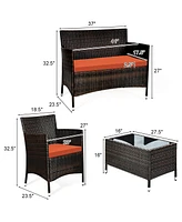 Sugift 4 Pieces Comfortable Outdoor Rattan Sofa Set with Glass Coffee Table