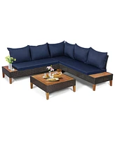 Sugift 4 Pieces Patio Cushioned Rattan Furniture Set with Wooden Side Table