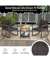 Sugift 3 Pieces Rattan Rocking Bistro Set with Coffee Table and Cushions