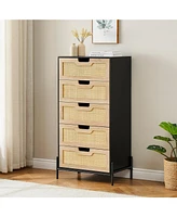 Modern Rattan 5 Drawers Dresser, Double Dresser for Bedroom