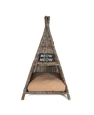 The Licker Store Tiki Coastal Handwoven Rattan Cat Bed with Machine-Washable Cushion