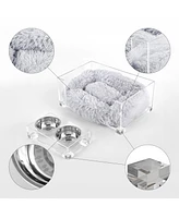The Licker Store Billie Small Modern Lucite Pet Bed with Washable Cushion & 4" Elevated Feeder with 27 oz Stainless Steel Bowls.