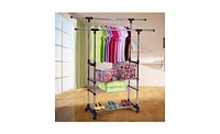 Slickblue 3-Tier Stainless Steel Clothing and Shoe Rack with Dual Bars Horizontal & Vertical Telescope Style