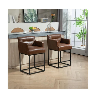 The Pop Home Set of 2 Modern Faux Leather Counter Bar Stools with Backrest, Upholstered for Kitchen Island-The