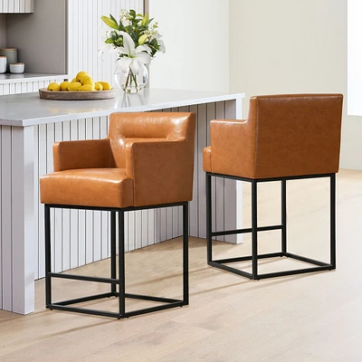 Set of 2 Modern Faux Leather Counter Bar Stools with Backrest, Upholstered for Kitchen Island-The Pop Home