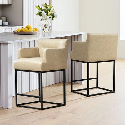 The Pop Home Set of 2 Modern Faux Leather Counter Bar Stools with Backrest, Upholstered for Kitchen Island-The