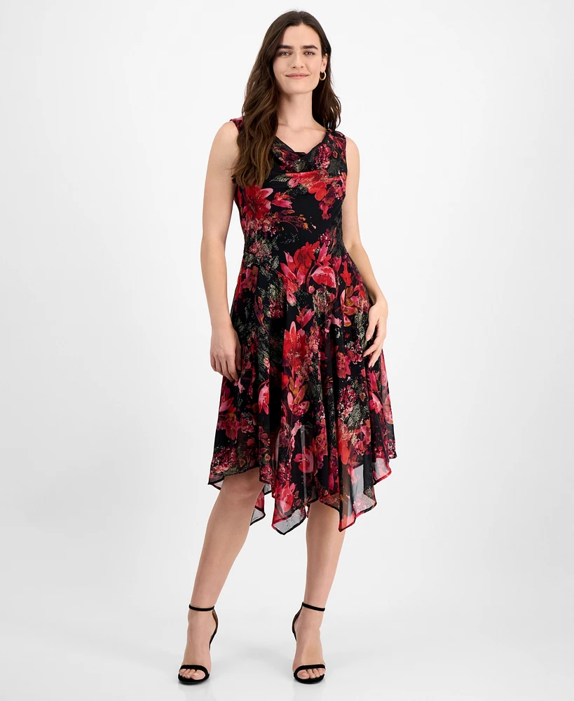 Robbe Bee Petite Floral Cowlneck Asymmetric-Hem Midi Dress