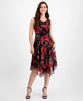 Robbe Bee Petite Floral Cowlneck Asymmetric-Hem Midi Dress