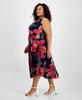 Robbie Bee Plus Floral-Print Cowlneck Midi Dress