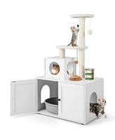 Sugift Cat Tree with Litter Box Enclosure with Cat Condo-White