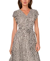 Vince Camuto Women's Printed Asymmetrical-Hem Flutter Sleeve Midi Dress