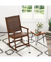 Sugift Patio Wood Rocking Chair with Pu Seat and Rubber Wood Frame