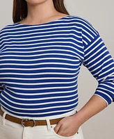 Lauren Ralph Plus Striped Cotton Jersey Boatneck Top