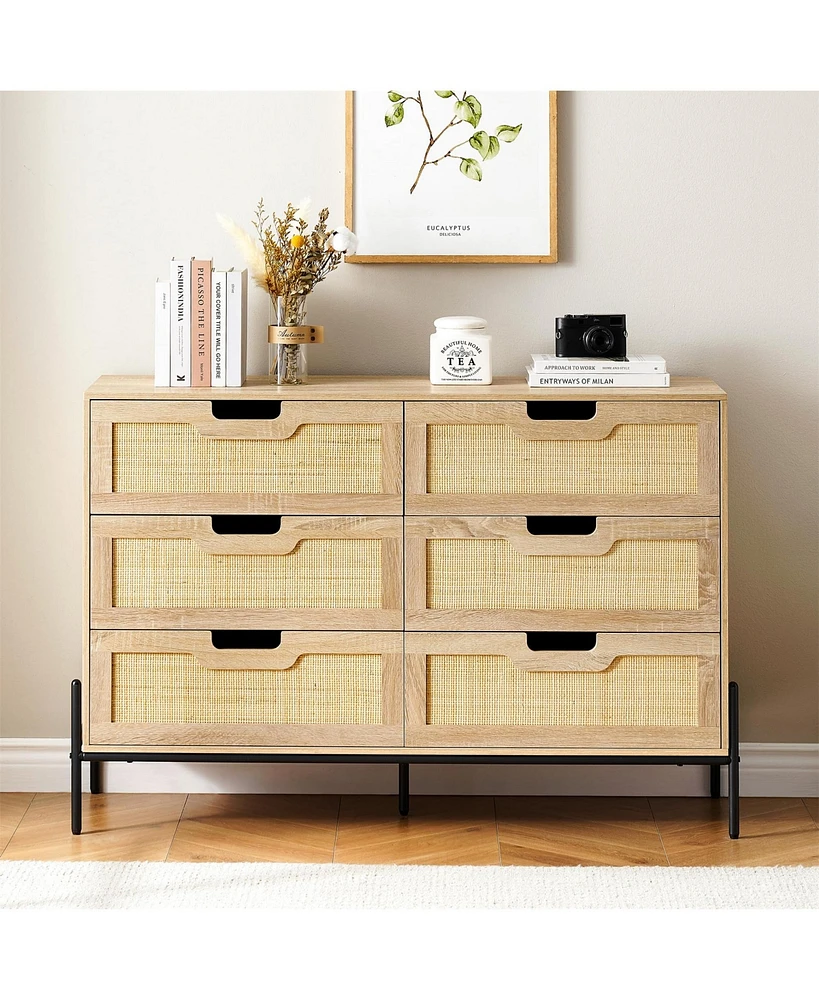 gaomon 6 Drawers Dresser for Bedroom, Natural Rattan Drawer with Spacious Storage, Wood Chest of Drawers with Metal Legs Black