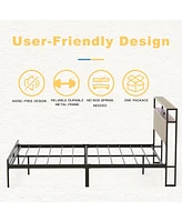 Hausource Full Size Bed Frame w/Storage Headboard Charging Station Led Light No Box Spring Needed