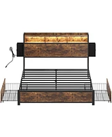 Hausource Queen/Full Size Bed Frame with Storage Headboard & 2 Drawers Platform Bed No Box Spring Needed, Queen