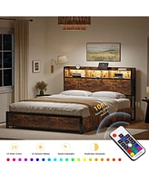 Hausource Queen/Full Size Bed Frame with Storage Headboard & 2 Drawers Platform Bed No Box Spring Needed, Full