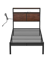 Hausource King/Twin Size Bed Frame with Storage Headboard & Charging Station No Box Spring Needed