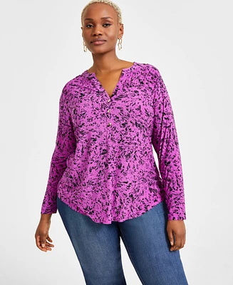 I.n.c. International Concepts Plus Printed Long-Sleeve Top, Exclusively at Macy's