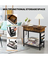 Gymax 2PCS End Table Charging Station Industrial Nightstand Flip Top Side Pocket Usb