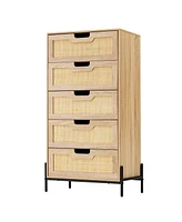 gaomon Modern Rattan 5 Drawers Dresser, Double Dresser for Bedroom, Chest of Drawers Closet Organizers and Storage Clothes