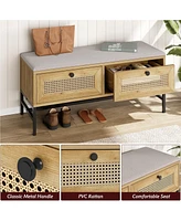 gaomon Rattan Shoe Bench Entryway Bench with Storage Drawer, Wooden Storage Bench with Linen Seat Cushion