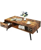 Gymax Retro Coffee Table Mid Century Modern Living Room Furniture w/Open Storage Shelf