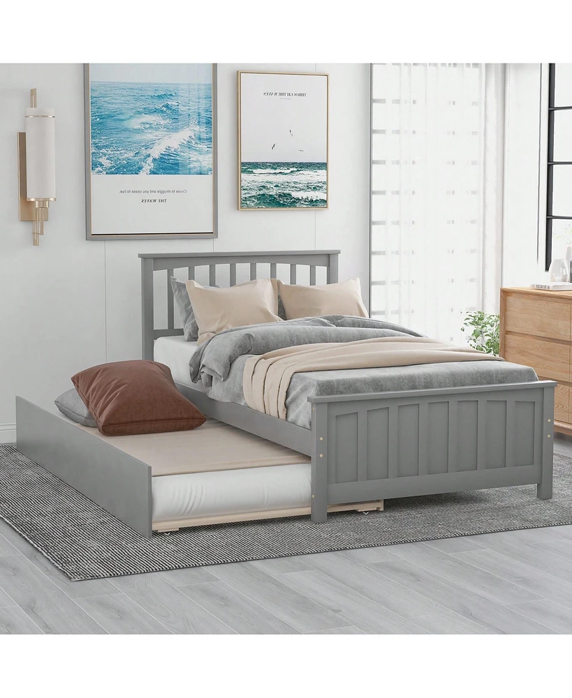 gaomon Twin Platform Bed Frame, Trundle With Solid Wood Legs And Slats Support, For Bedroom