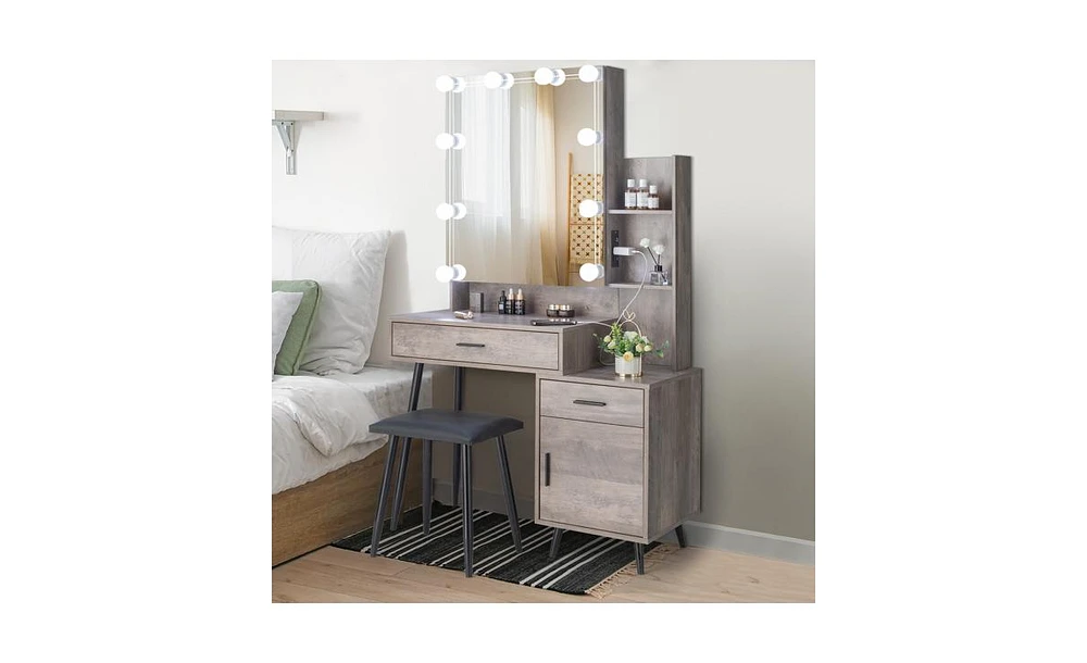 Slickblue Triamine Veneer Mirror Cabinet with Iron Legs 2 Drawers, 1 Door, and Shelves for Stylish Storage