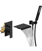 Slickblue Male Npt Tub Faucet with Hand Shower - Matte Black Waterfall Bathtub Shower System with Brass Valve