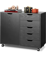 Devaise 5-Drawer Wood Dresser Chest with Door, Mobile Storage Cabinet, Printer Stand for Home Office, Black