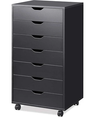 Devaise 7-Drawer Chest, Wood Storage Dresser Cabinet with Wheels, Black