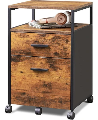 Galaxhero 2 Drawer File Cabinet, Mobile Printer Stand with Open Storage Shelf, Wood Filing Cabinet fits A4 or Letter Size for Home Office, Rustic Brow